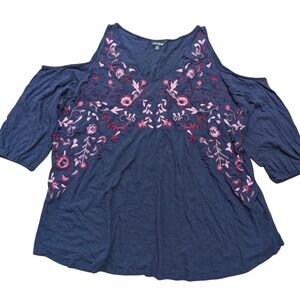 Lucky Brand‎ Womens Plus 3X Purple Cold Shoulder Floral Embroidered Shirt Top